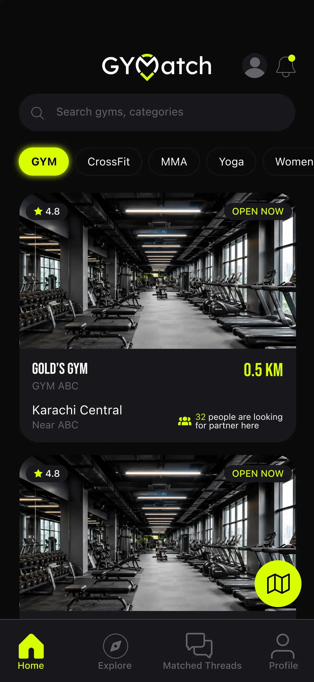 GYMatch Main Home Feed App Screen